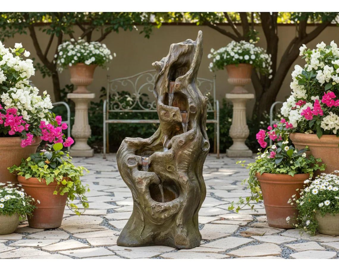 Solar Tree Trunk Waterfall Fountain – 5-Tier Cascading Resin Garden Decor (LED Lights)