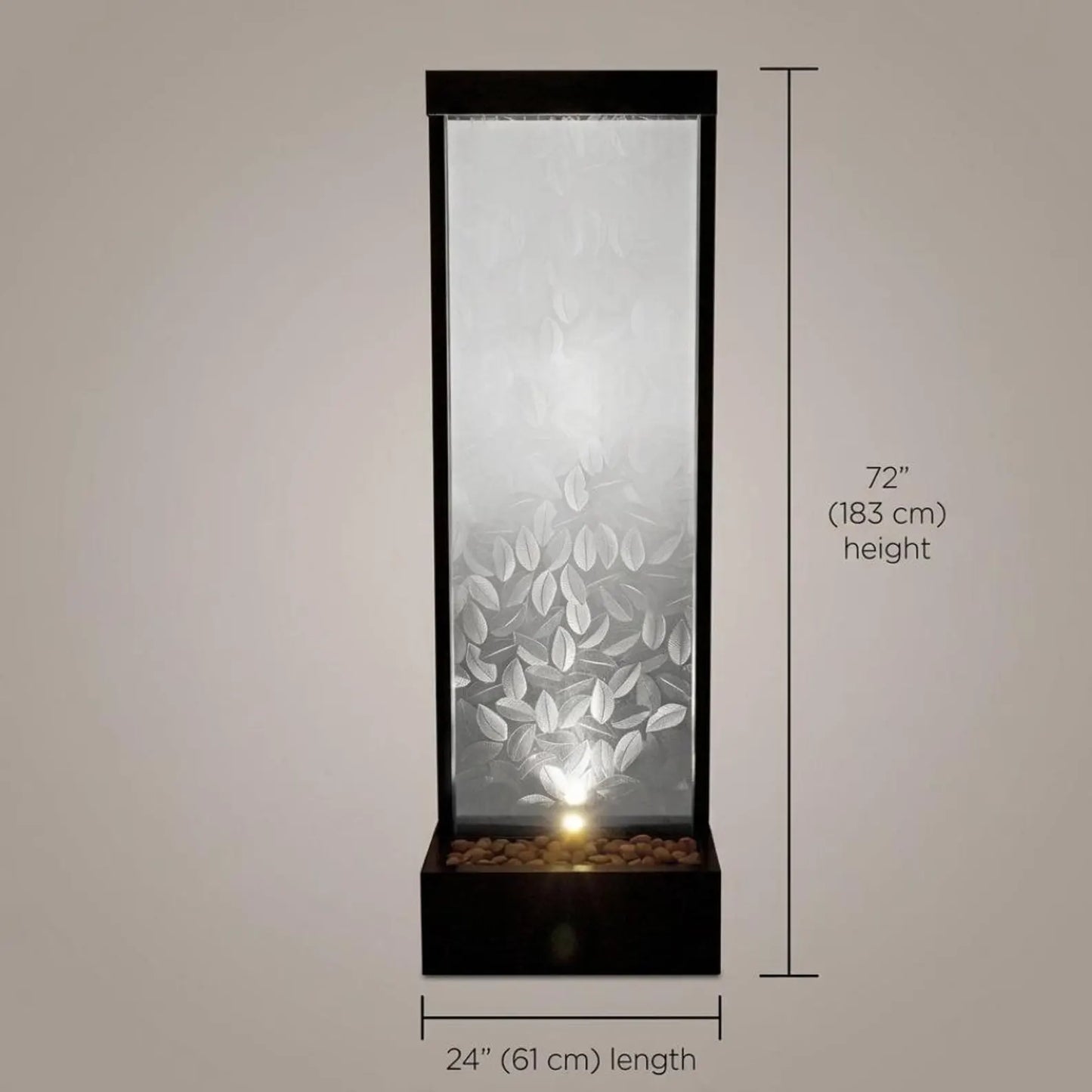 72-inch indoor/outdoor water fountain featuring a clear glass panel with a raised leaf design and a modern waterfall style.