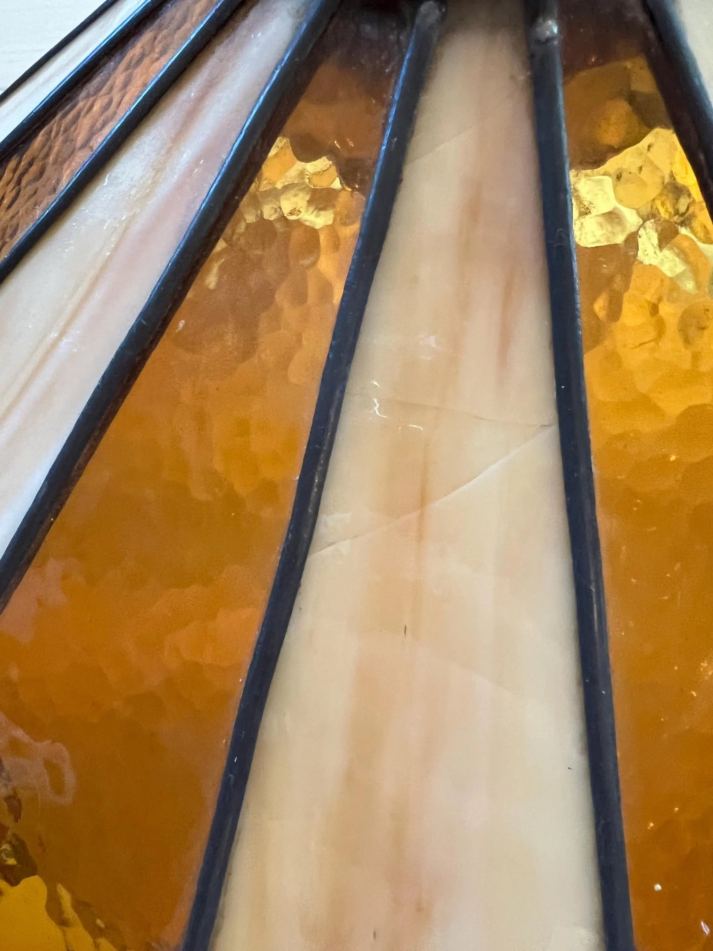 1970s Stained Glass Pendant Lamp: Amber & Cream Geometric Swag Light (Cracked Panel)