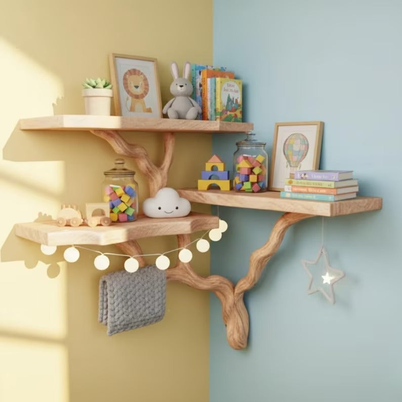 3-Tier Corner Shelf - Rustic Tree Branch Corner Shelf - Boho Style Corner Shelf - Solid Wood Book Shelve - Custom Driftwood Wooden Bookshelf