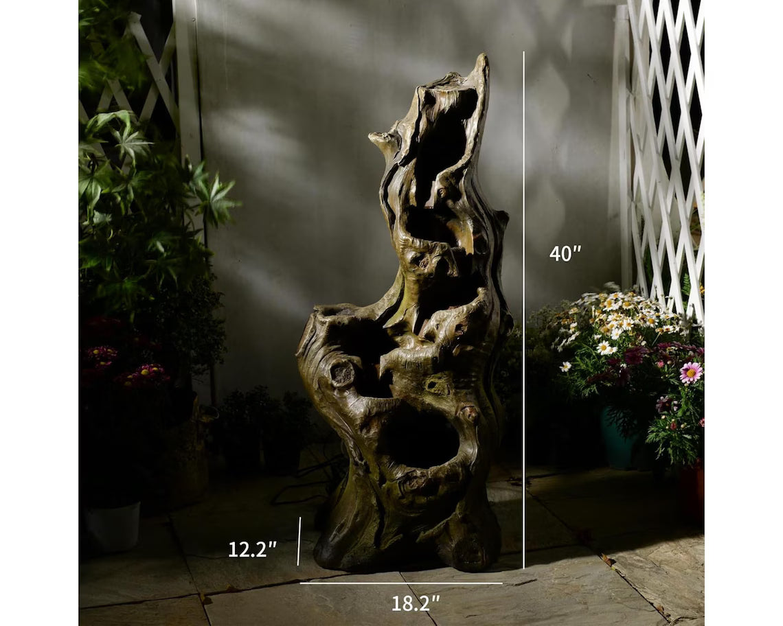 Solar Tree Trunk Waterfall Fountain – 5-Tier Cascading Resin Garden Decor (LED Lights)