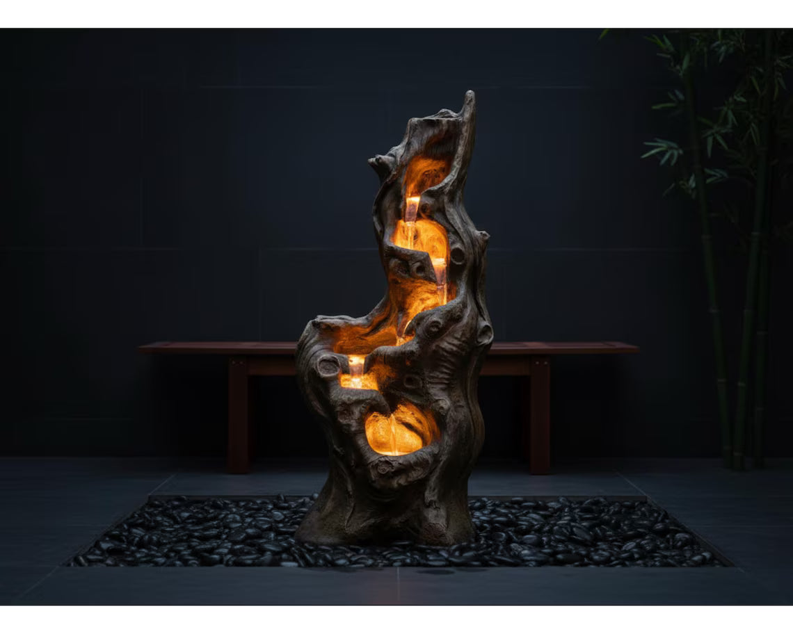 Solar Tree Trunk Waterfall Fountain – 5-Tier Cascading Resin Garden Decor (LED Lights)