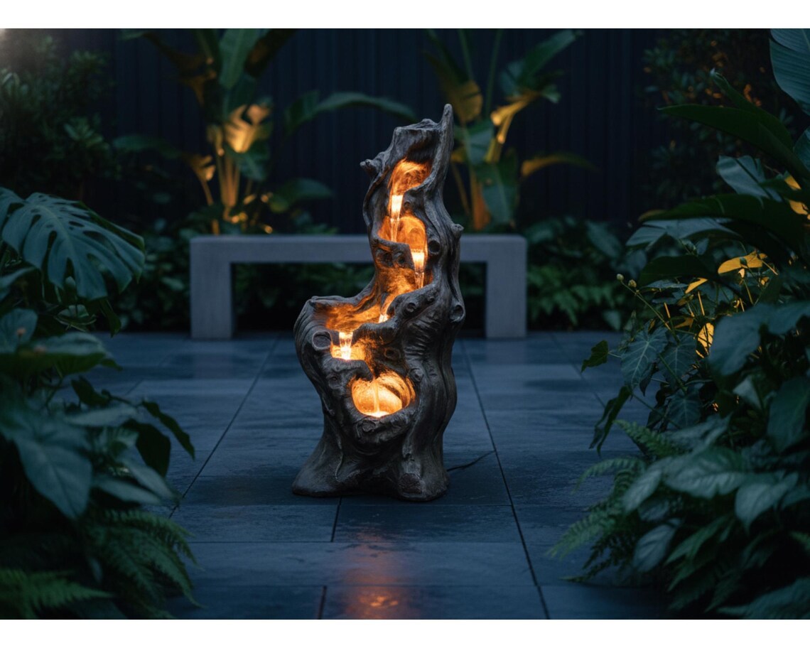 Solar Tree Trunk Waterfall Fountain – 5-Tier Cascading Resin Garden Decor (LED Lights)