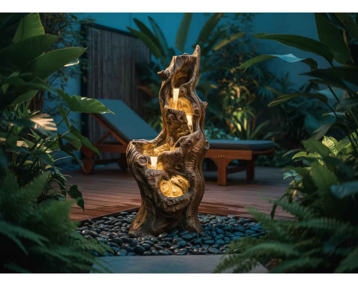Solar Tree Trunk Waterfall Fountain – 5-Tier Cascading Resin Garden Decor (LED Lights)