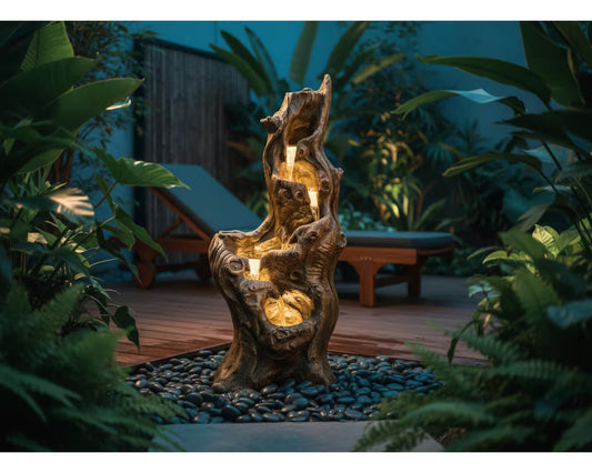 Solar Tree Trunk Waterfall Fountain – 5-Tier Cascading Resin Garden Decor (LED Lights)