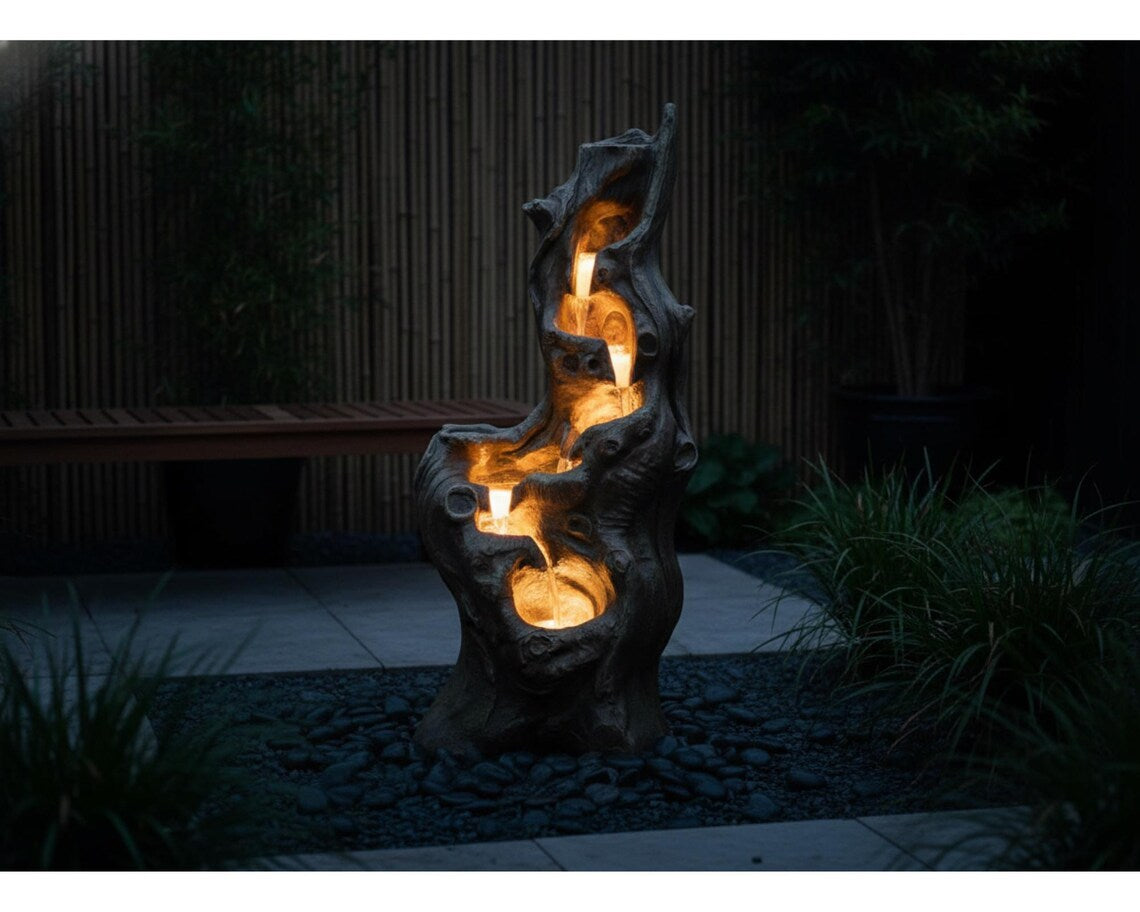 Solar Tree Trunk Waterfall Fountain – 5-Tier Cascading Resin Garden Decor (LED Lights)
