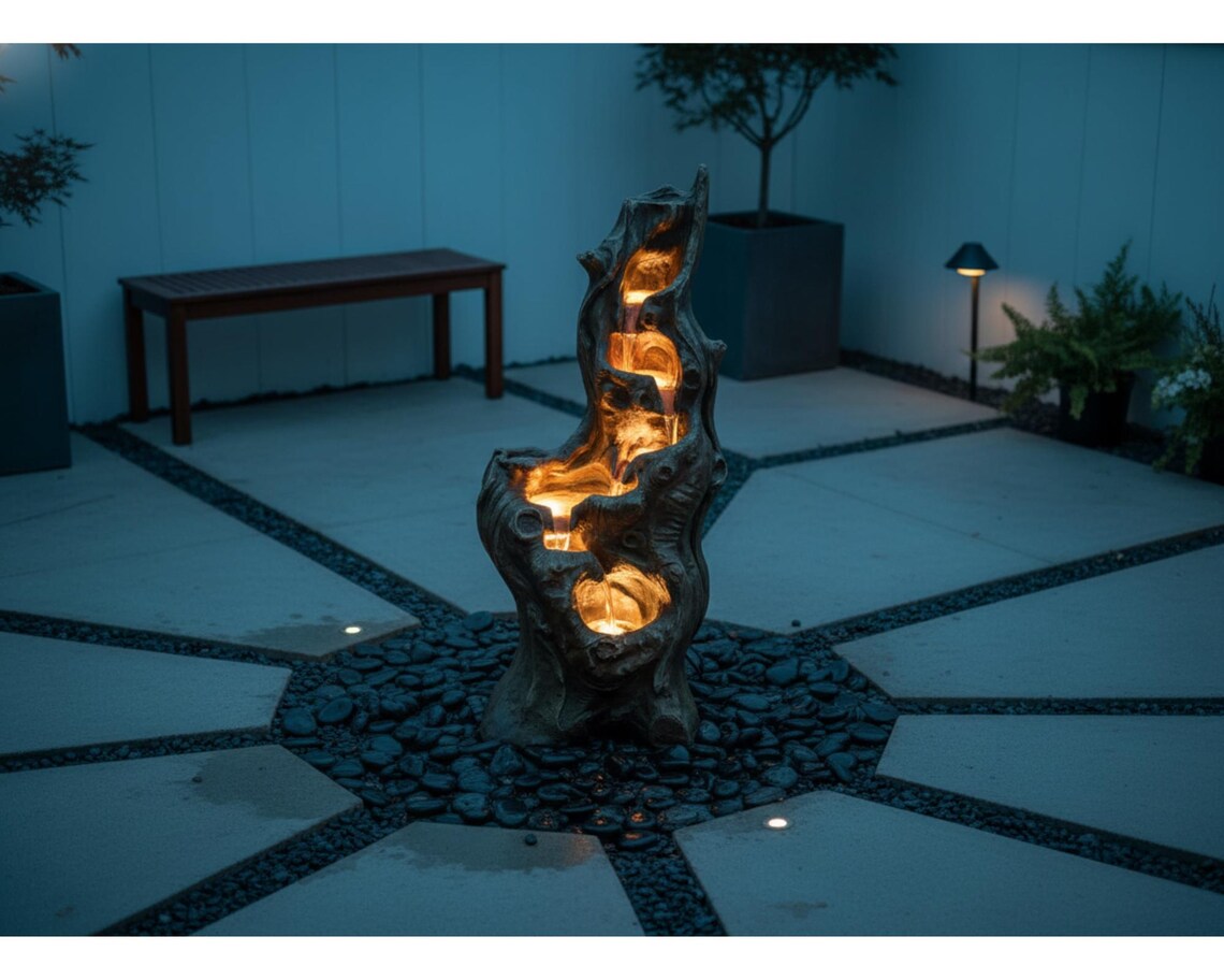Solar Tree Trunk Waterfall Fountain – 5-Tier Cascading Resin Garden Decor (LED Lights)
