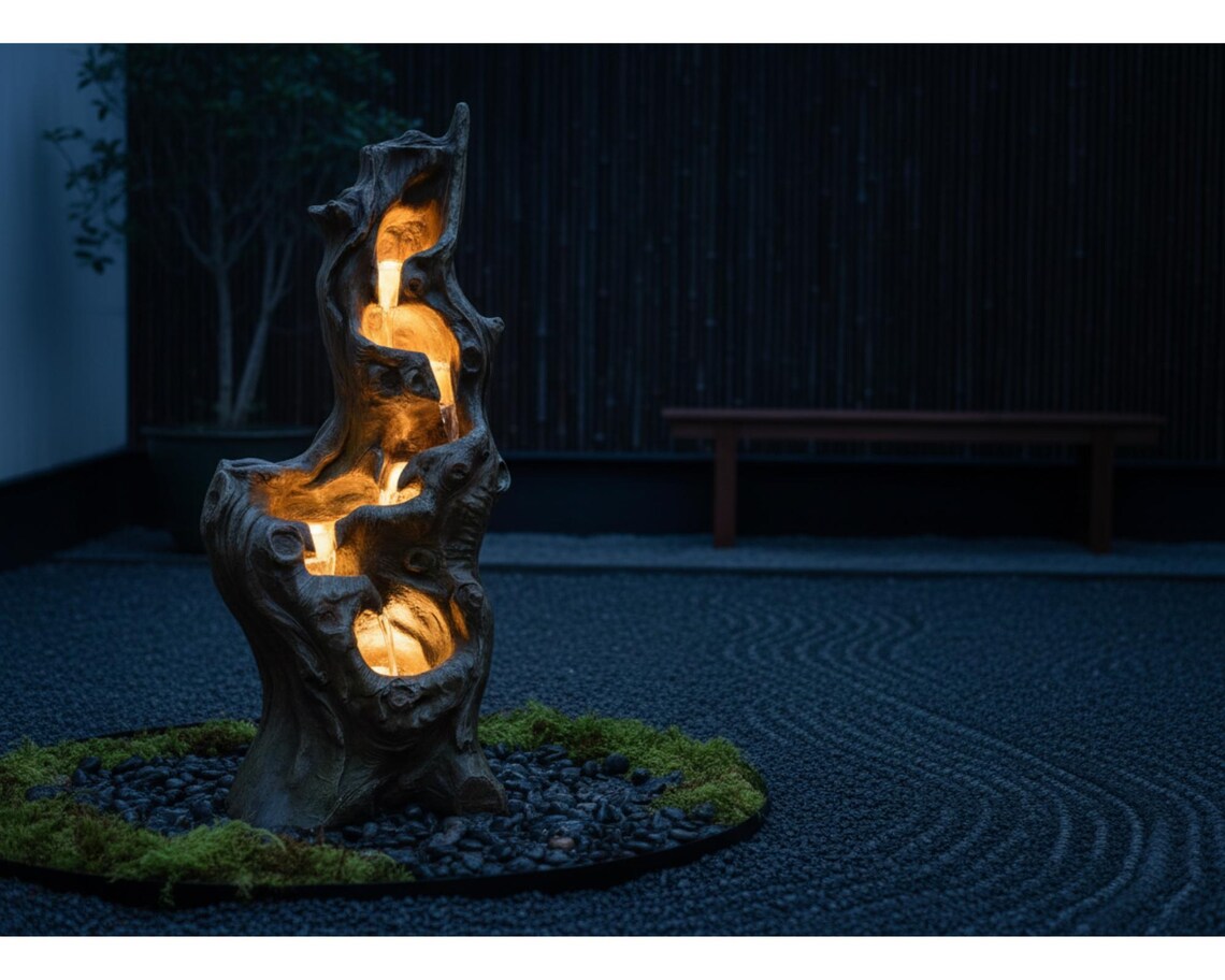 Solar Tree Trunk Waterfall Fountain – 5-Tier Cascading Resin Garden Decor (LED Lights)