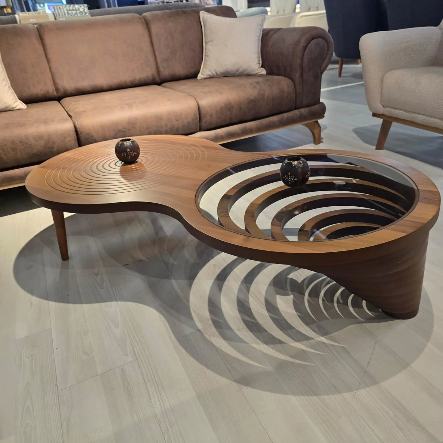 Modern Wooden Coffee Table with Glass Top, Spiral Design, Tempered Glass & MDF, Stylish Home Décor,