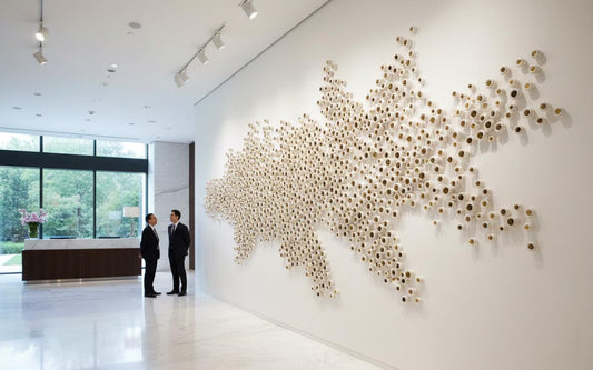 Metallic Gold & White Pod Wall Sculpture: 3D Modern Art Installation, 60pc