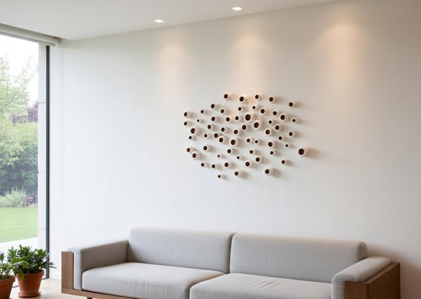 Metallic Gold & White Pod Wall Sculpture: 3D Modern Art Installation, 60pc