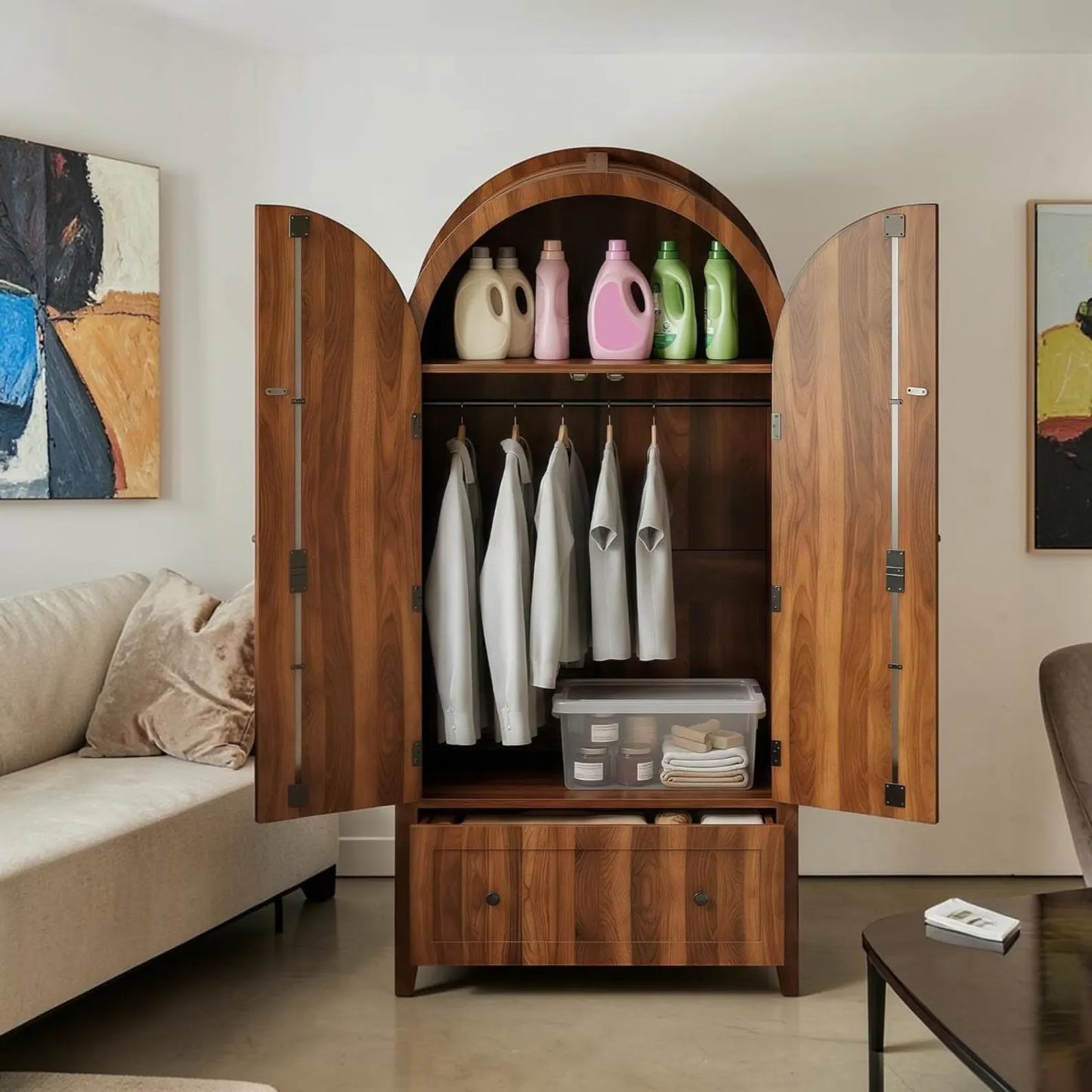 Walnut Armoire Wardrobe Closet Arched Storage Cabinet Drawer Hanging Organizer Bedroom Furniture