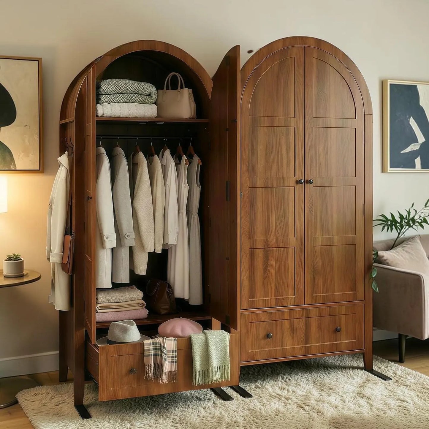 Walnut Armoire Wardrobe Closet Arched Storage Cabinet Drawer Hanging Organizer Bedroom Furniture