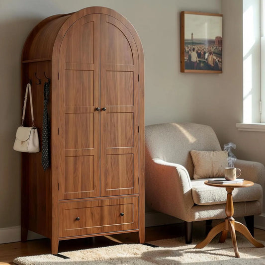 Walnut Armoire Wardrobe Closet Arched Storage Cabinet Drawer Hanging Organizer Bedroom Furniture