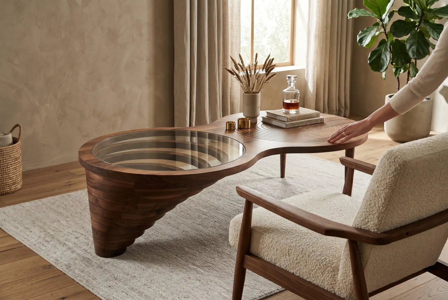 Modern Wooden Coffee Table with Glass Top, Spiral Design, Tempered Glass & MDF, Stylish Home Décor,