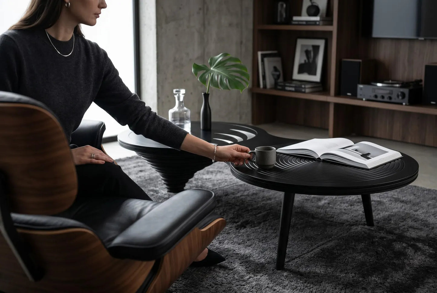 Modern Wooden Coffee Table with Glass Top, Spiral Design, Tempered Glass & MDF, Stylish Home Décor,