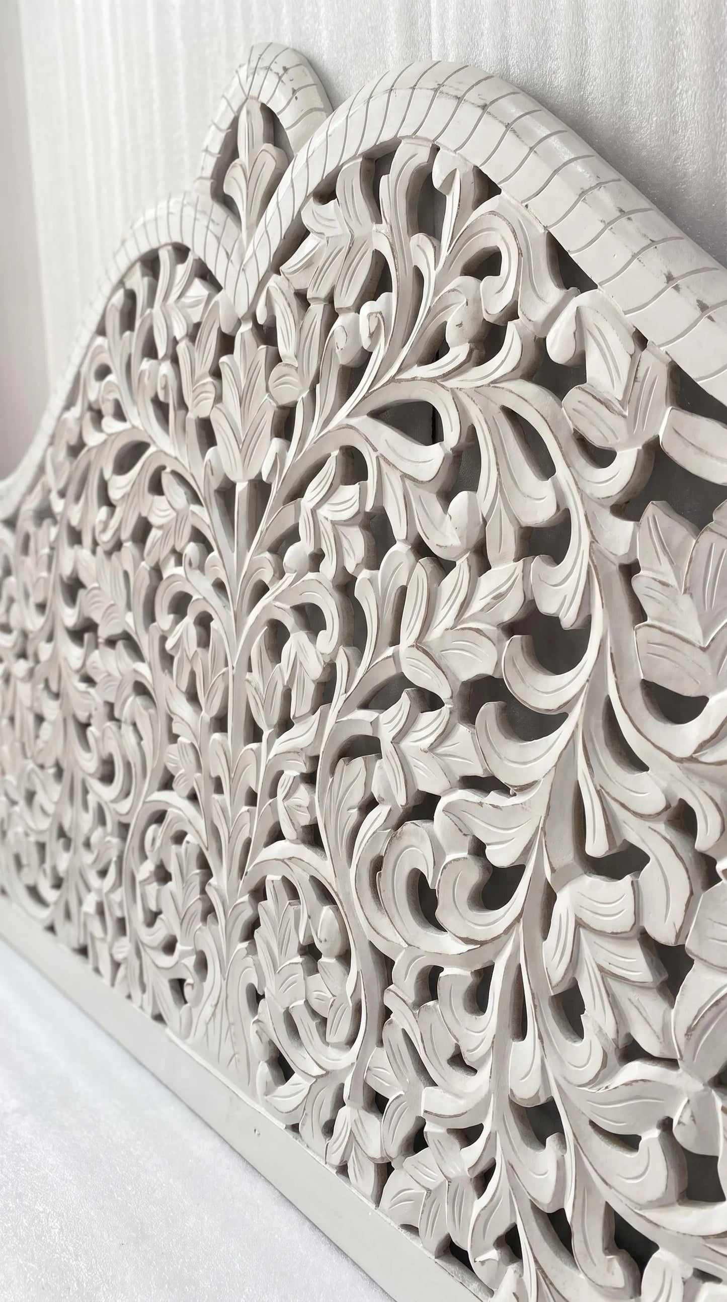 White Hand Carved Wood Headboard King Queen Bed Headboard Floral Wooden