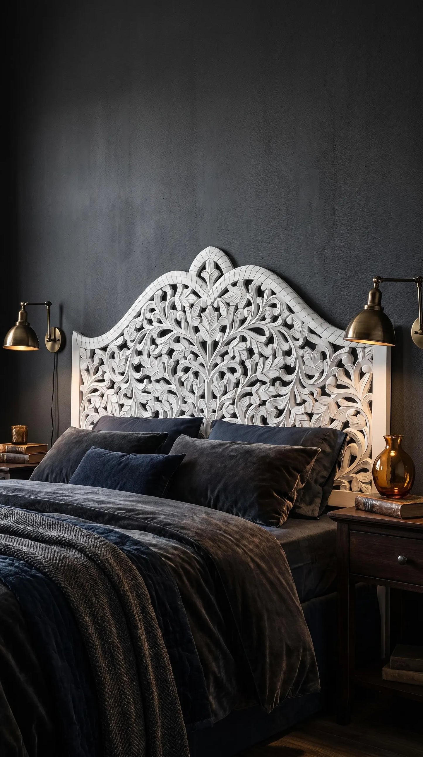 White Hand Carved Wood Headboard King Queen Bed Headboard Floral Wooden