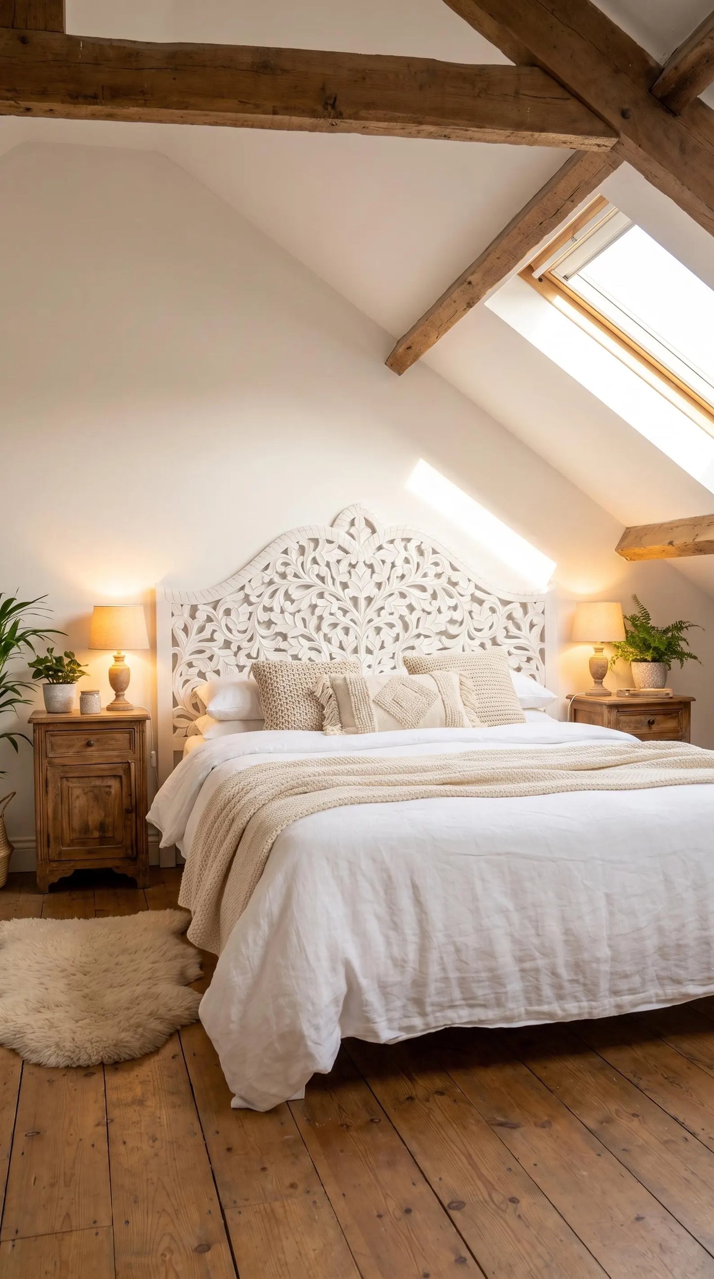 White Hand Carved Wood Headboard King Queen Bed Headboard Floral Wooden