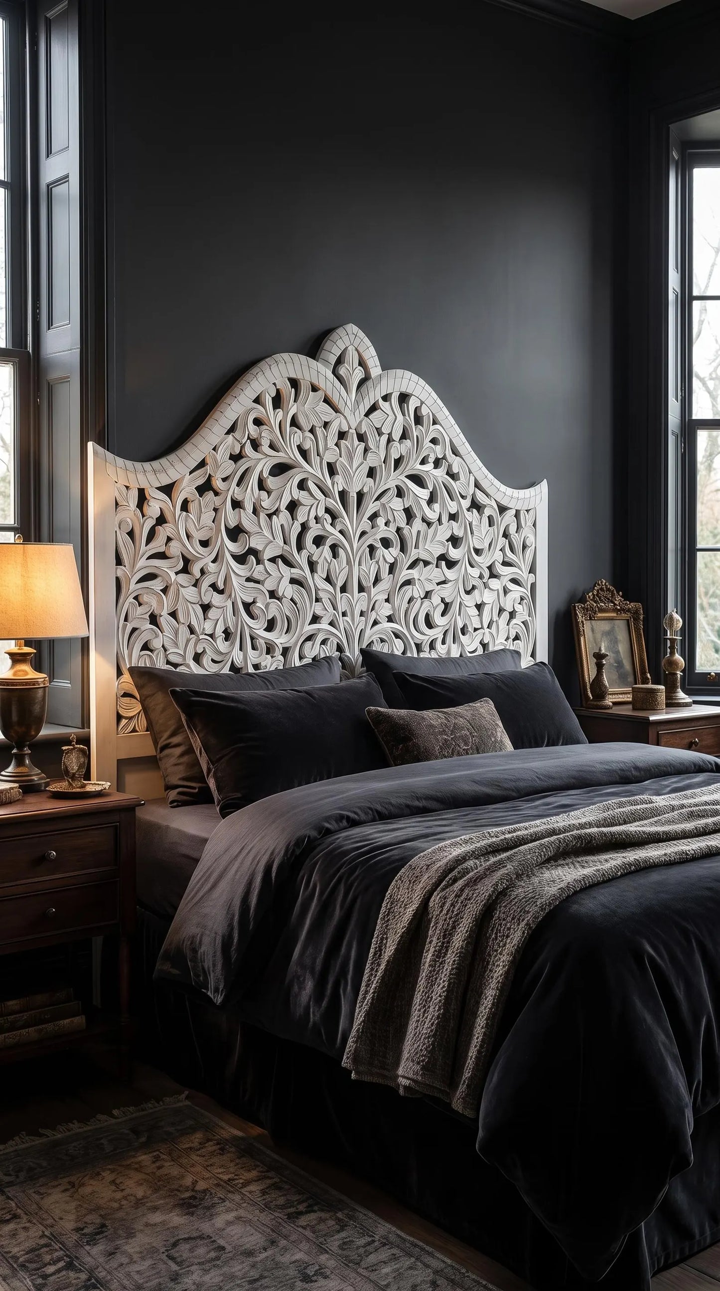 White Hand Carved Wood Headboard King Queen Bed Headboard Floral Wooden