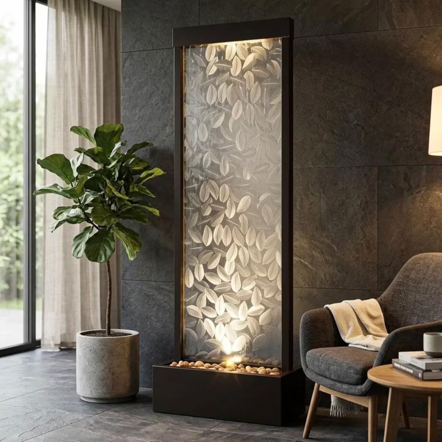 72-inch indoor/outdoor water fountain featuring a clear glass panel with a raised leaf design and a modern waterfall style.