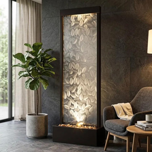 72-inch indoor/outdoor water fountain featuring a clear glass panel with a raised leaf design and a modern waterfall style.
