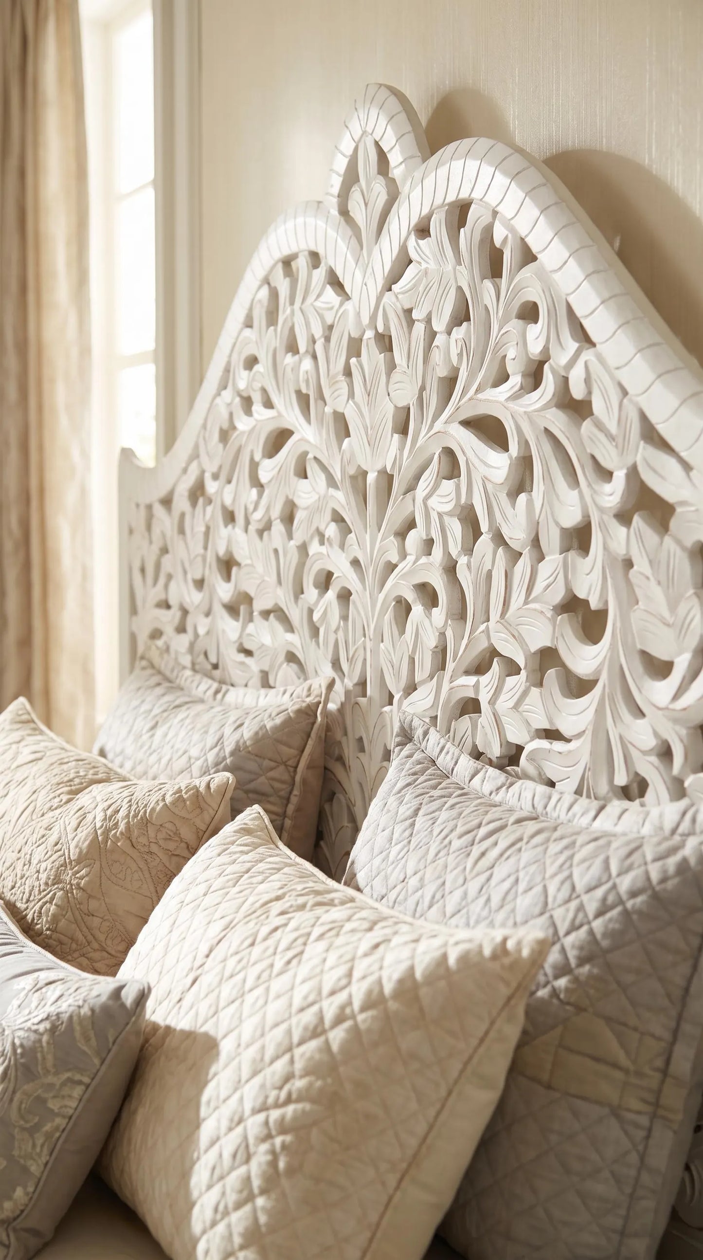 White Hand Carved Wood Headboard King Queen Bed Headboard Floral Wooden