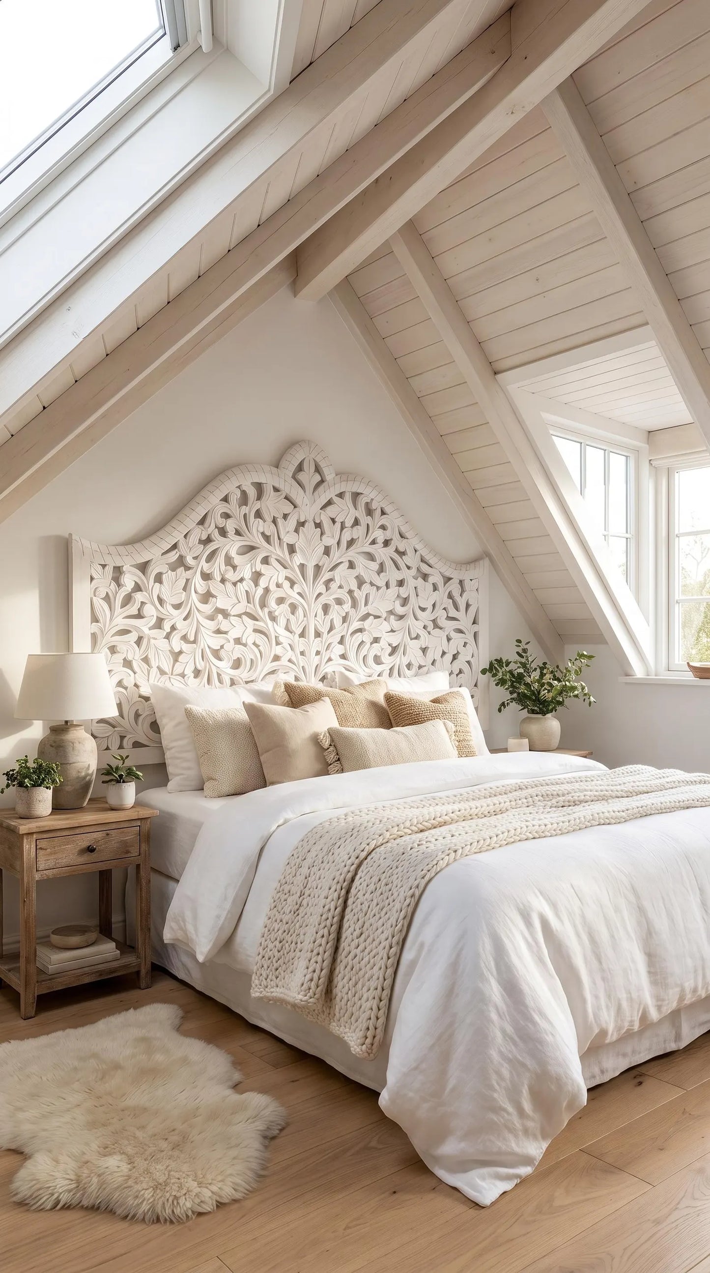 White Hand Carved Wood Headboard King Queen Bed Headboard Floral Wooden
