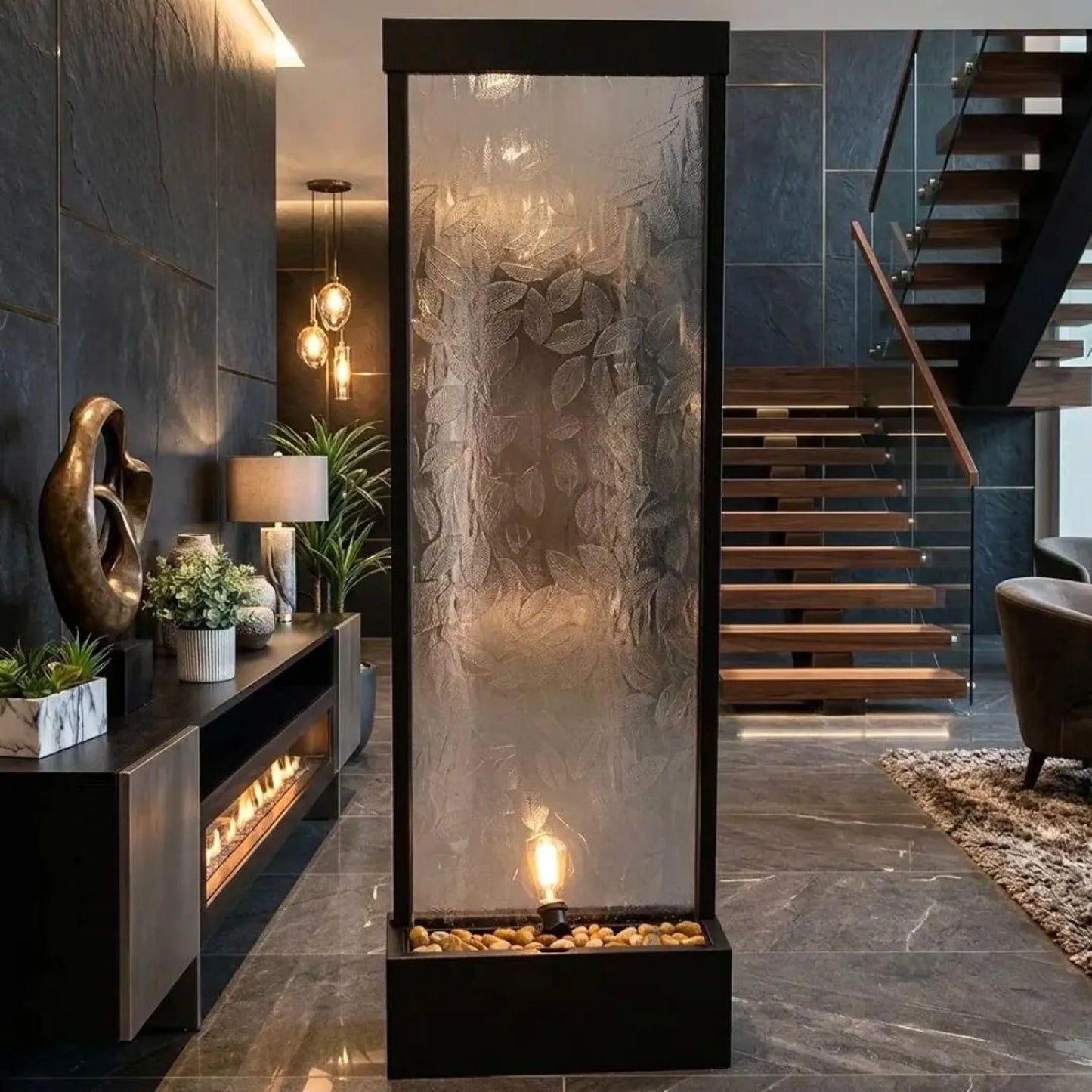 72-inch indoor/outdoor water fountain featuring a clear glass panel with a raised leaf design and a modern waterfall style.