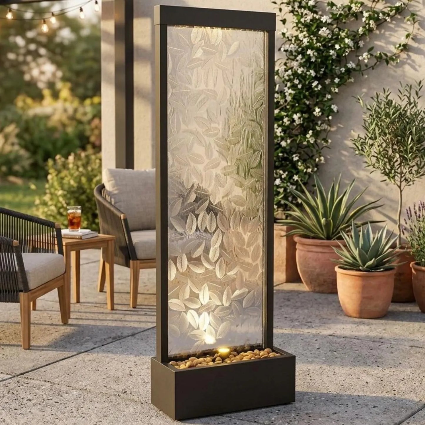 72-inch indoor/outdoor water fountain featuring a clear glass panel with a raised leaf design and a modern waterfall style.