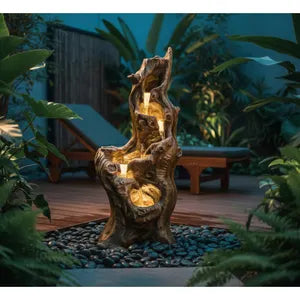 Solar Tree Trunk Waterfall Fountain – 5-Tier Cascading Resin Garden Decor (LED Lights)