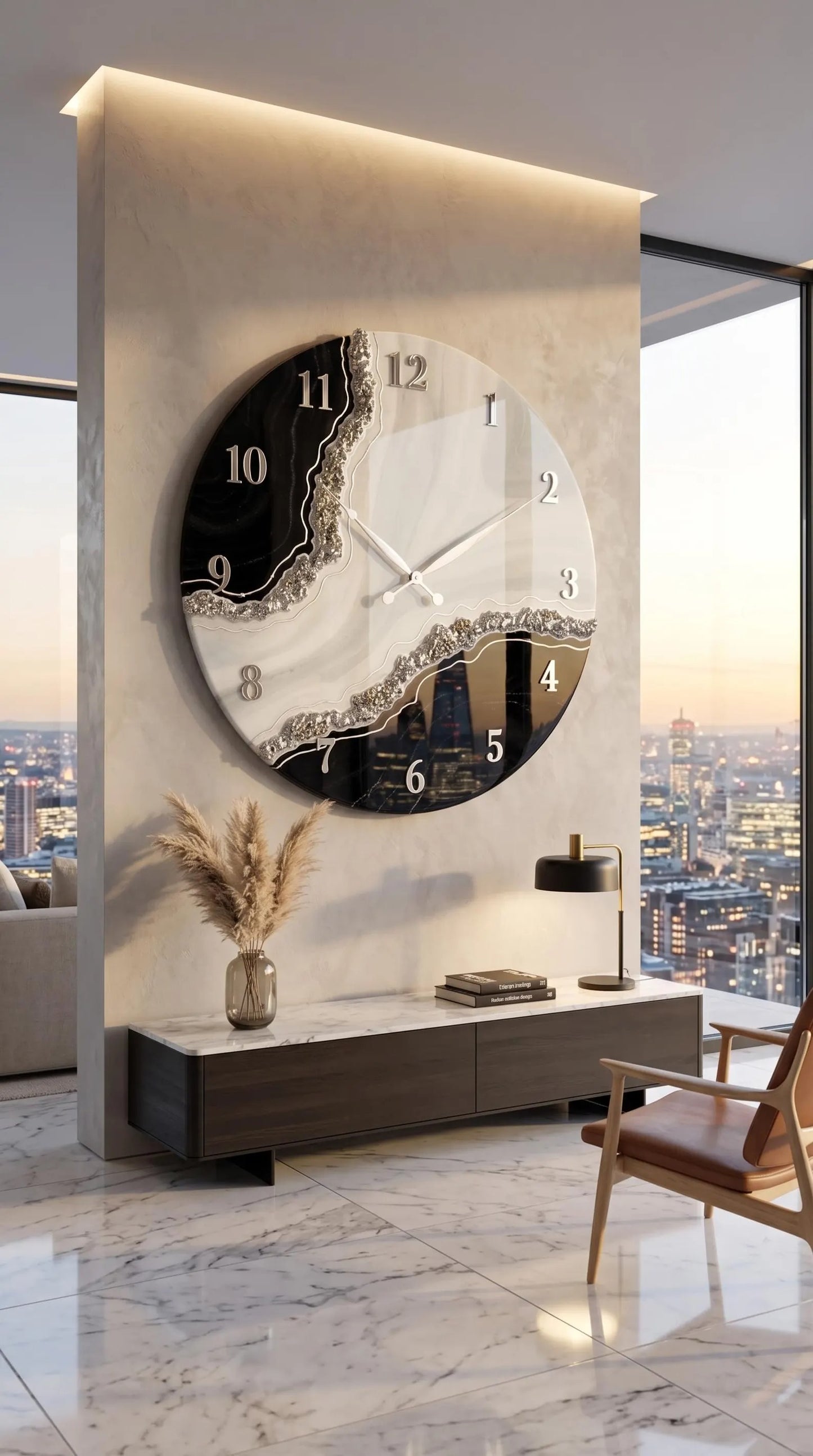 Luxury Black & White Geode Resin Wall Clock for Modern Decor