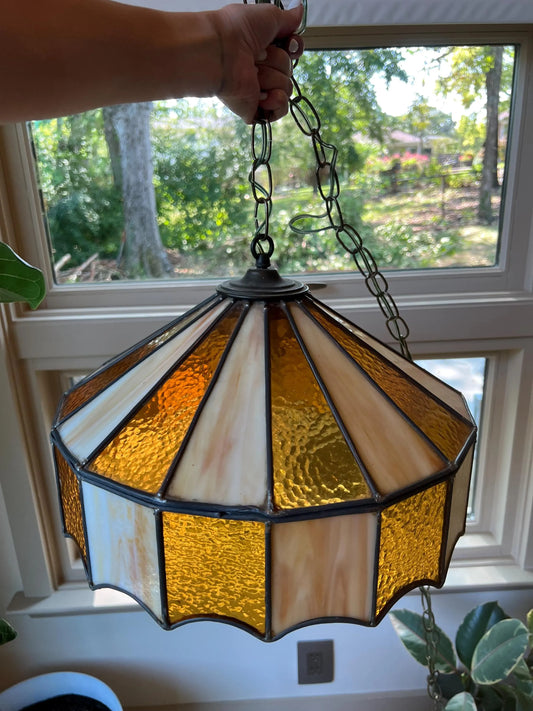 1970s Stained Glass Pendant Lamp: Amber & Cream Geometric Swag Light (Cracked Panel)