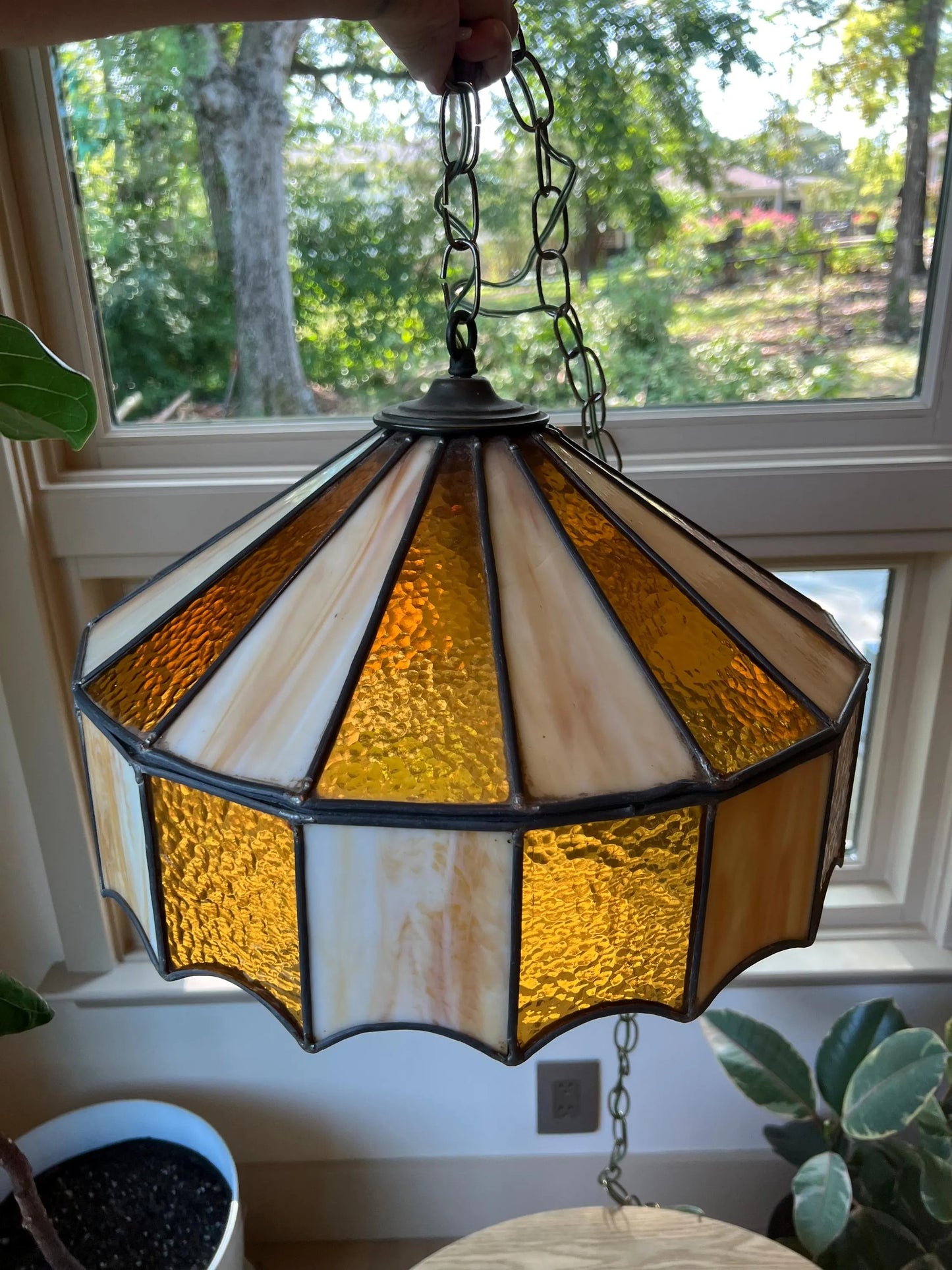 1970s Stained Glass Pendant Lamp: Amber & Cream Geometric Swag Light (Cracked Panel)