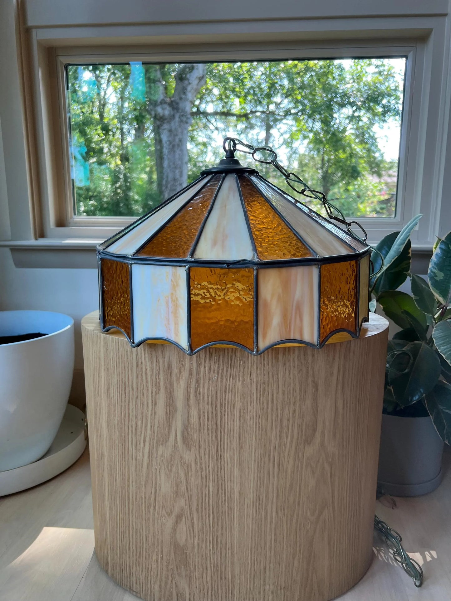 1970s Stained Glass Pendant Lamp: Amber & Cream Geometric Swag Light (Cracked Panel)