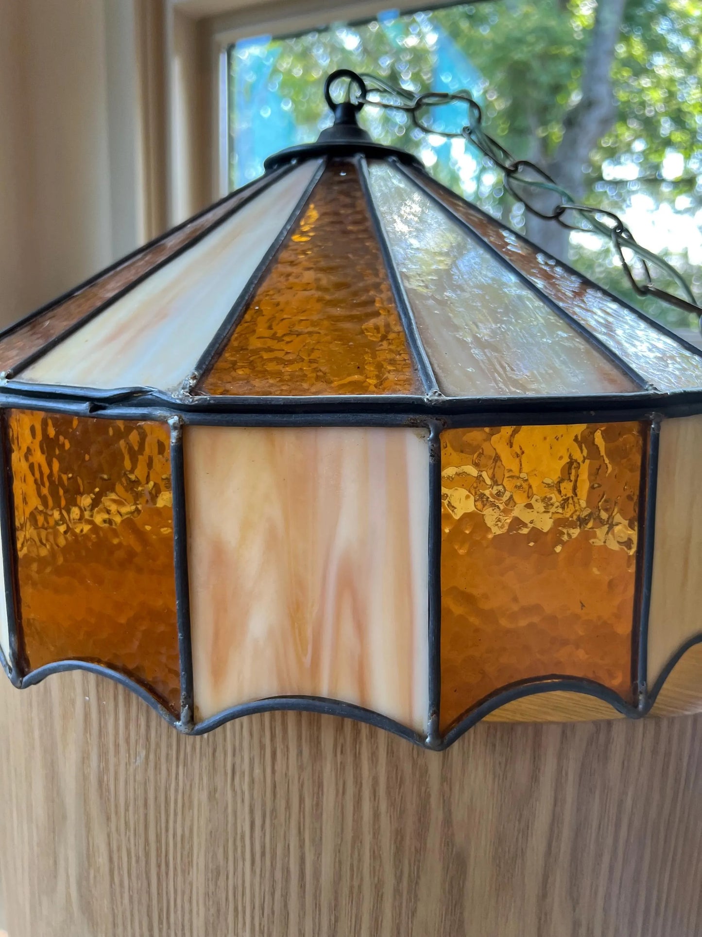 1970s Stained Glass Pendant Lamp: Amber & Cream Geometric Swag Light (Cracked Panel)