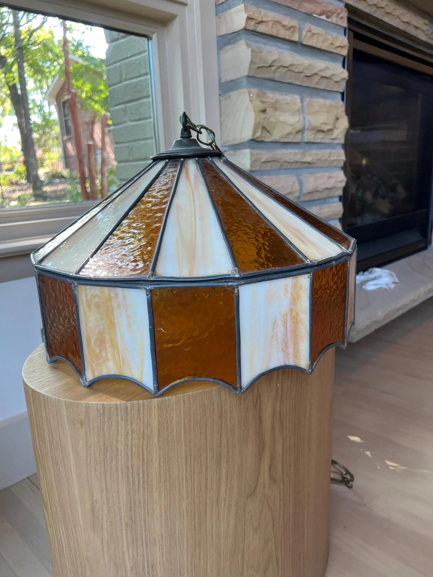 1970s Stained Glass Pendant Lamp: Amber & Cream Geometric Swag Light (Cracked Panel)