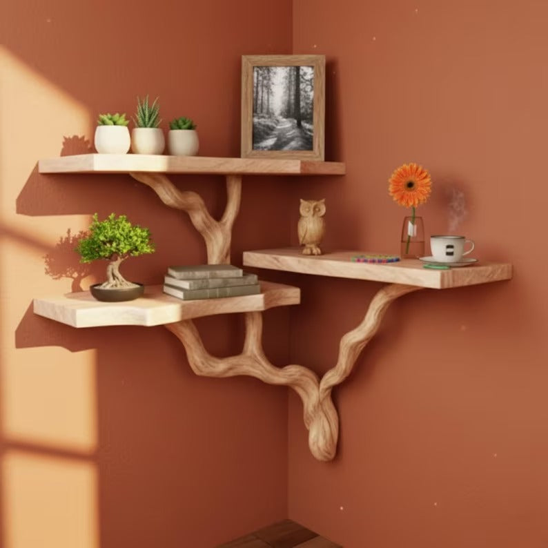 3-Tier Corner Shelf - Rustic Tree Branch Corner Shelf - Boho Style Corner Shelf - Solid Wood Book Shelve - Custom Driftwood Wooden Bookshelf