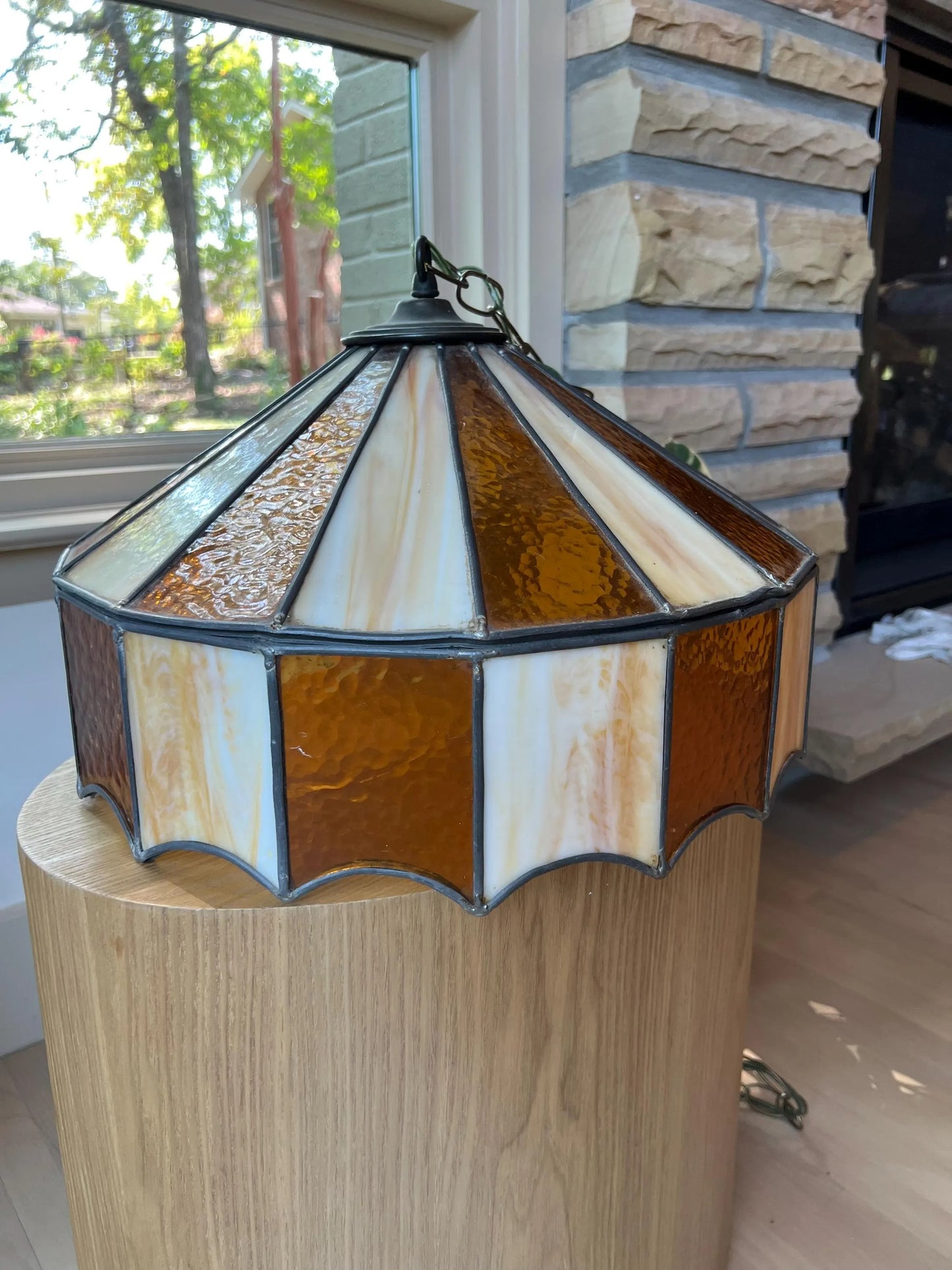 1970s Stained Glass Pendant Lamp: Amber & Cream Geometric Swag Light (Cracked Panel)