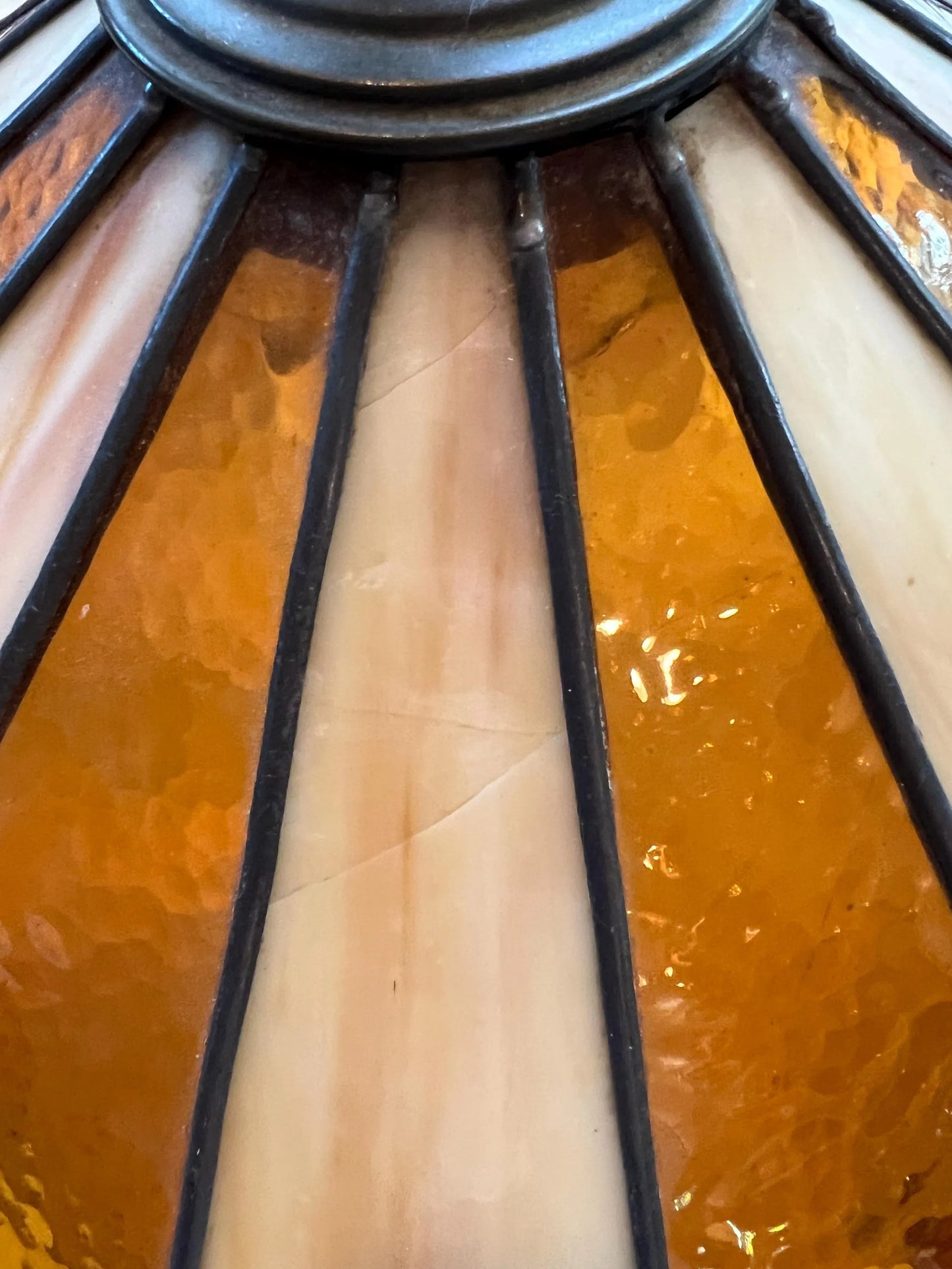 1970s Stained Glass Pendant Lamp: Amber & Cream Geometric Swag Light (Cracked Panel)