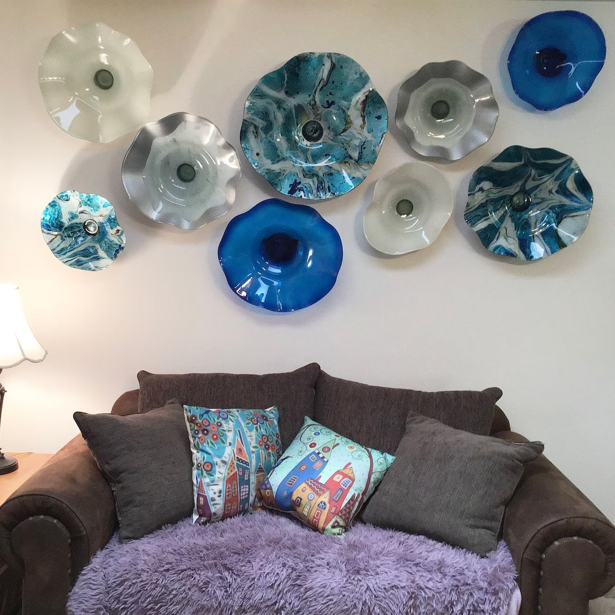 Blown Glass Wall Art: Coastal Inspired Colorful Bowls - 9 Piece Set