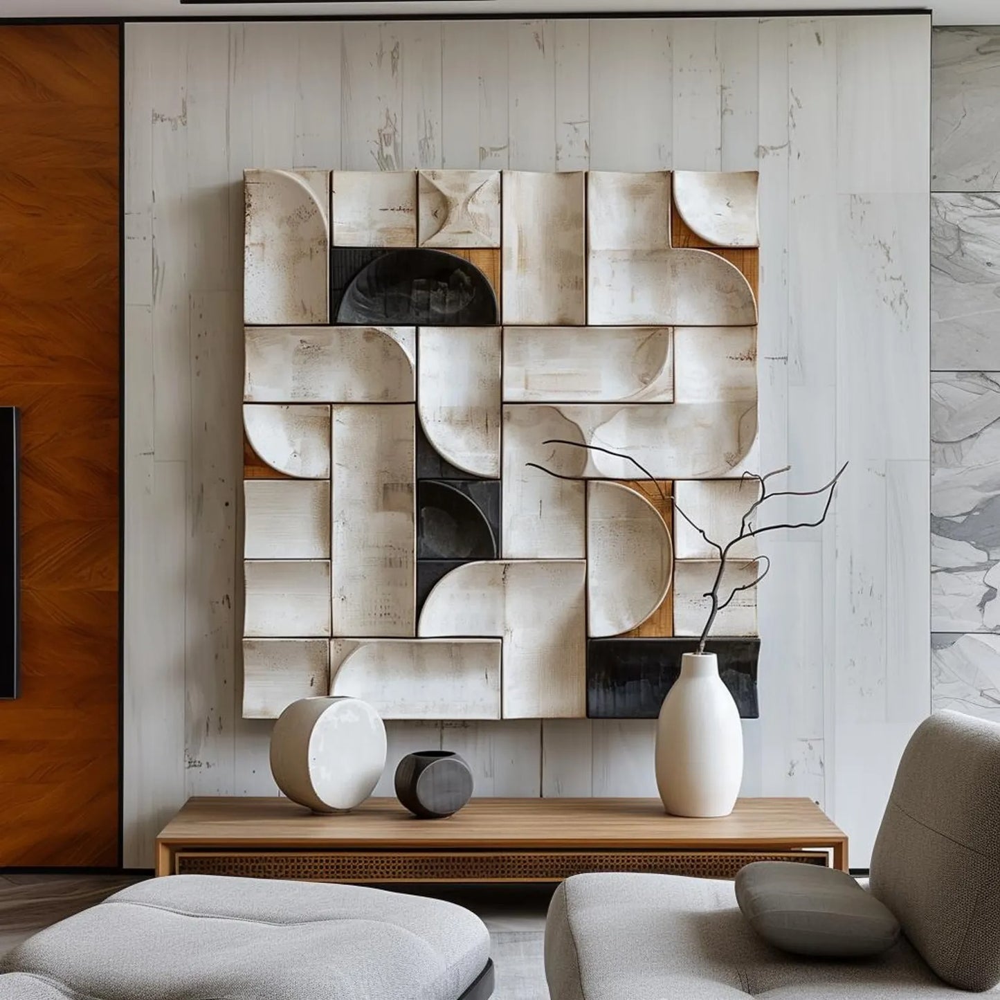 3D Wood Wall Art: Black and White Minimalist Sculpture