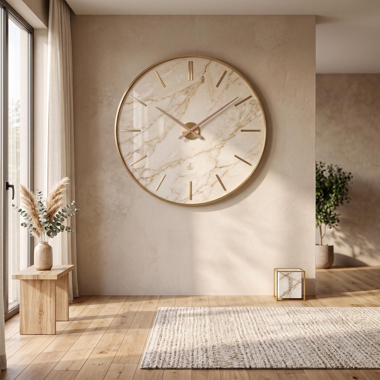 Oversized Beige Marble Wall Clock | Gold Frame Minimalist Living Room Art