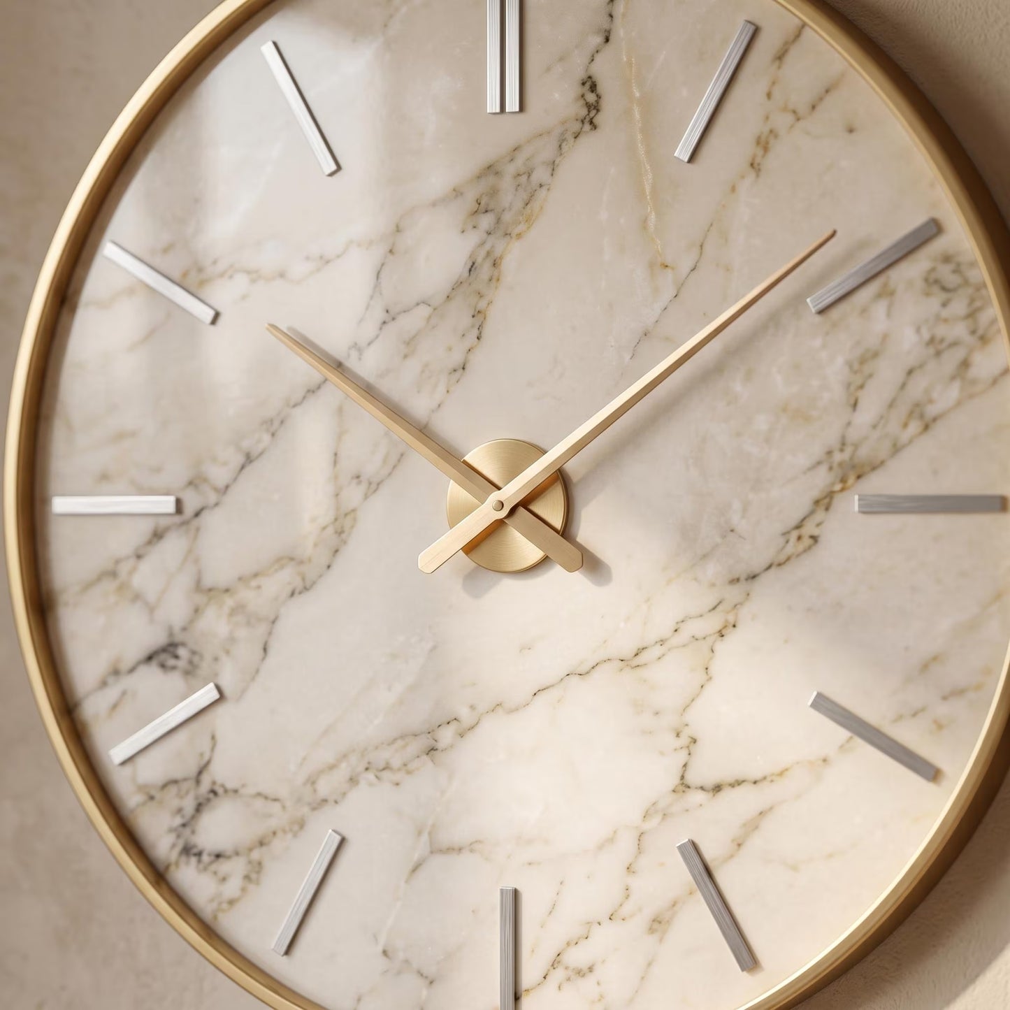 Oversized Beige Marble Wall Clock | Gold Frame Minimalist Living Room Art