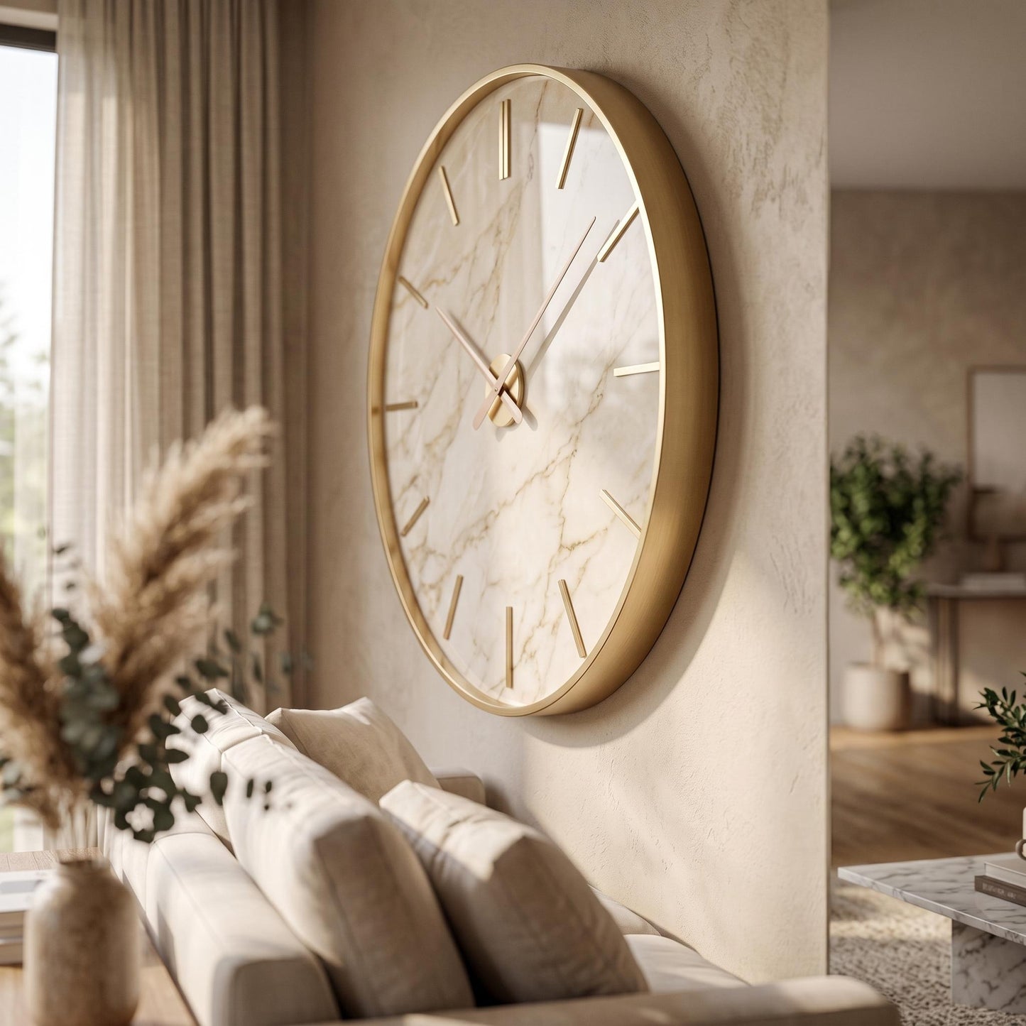 Oversized Beige Marble Wall Clock | Gold Frame Minimalist Living Room Art