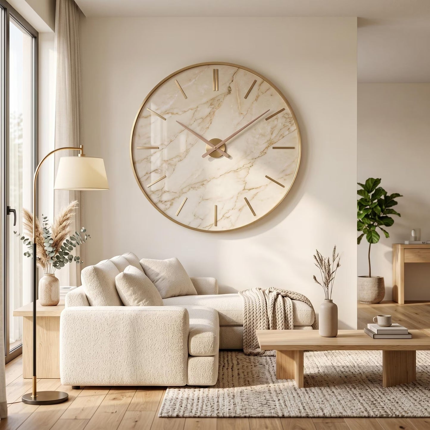Oversized Beige Marble Wall Clock | Gold Frame Minimalist Living Room Art