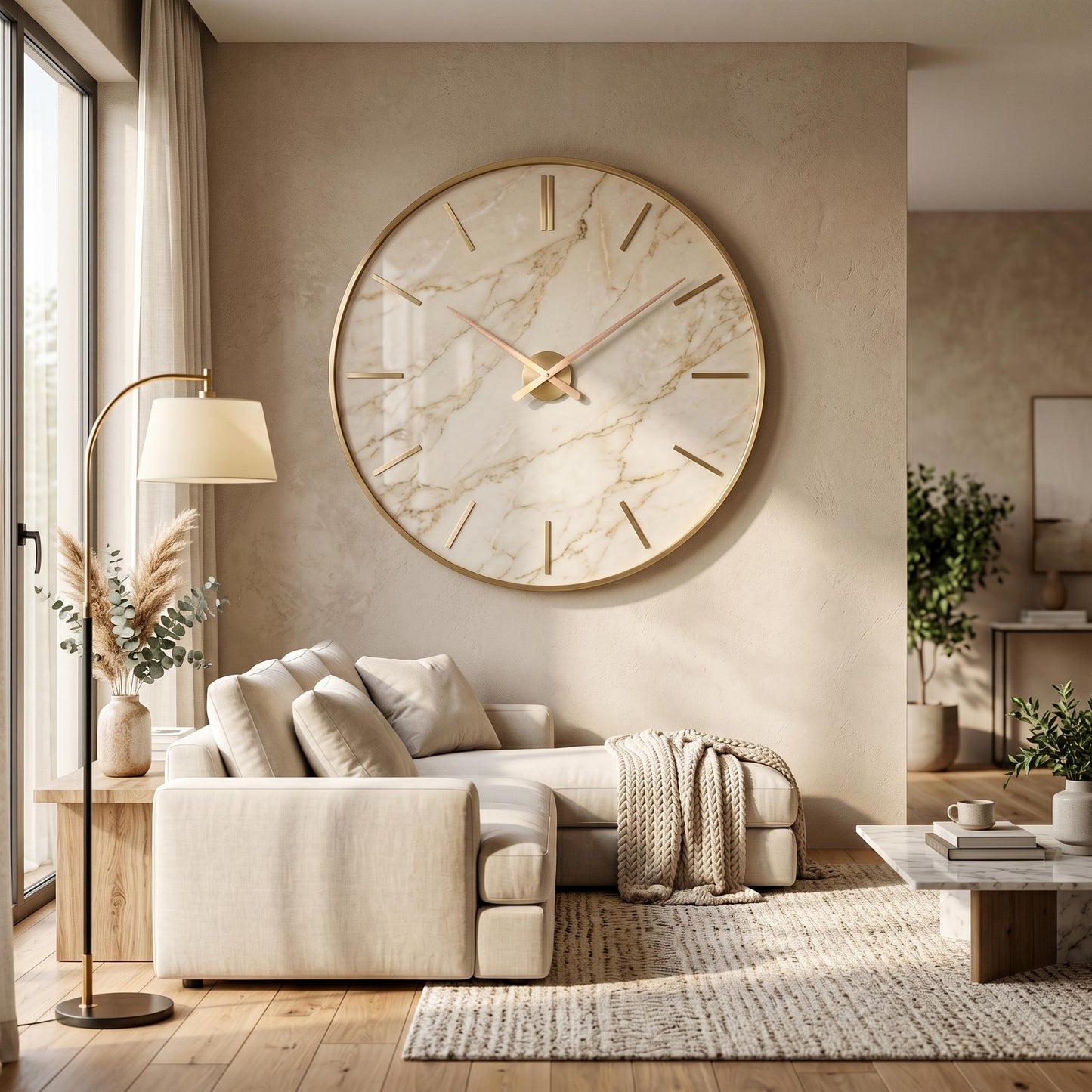 Oversized Beige Marble Wall Clock | Gold Frame Minimalist Living Room Art