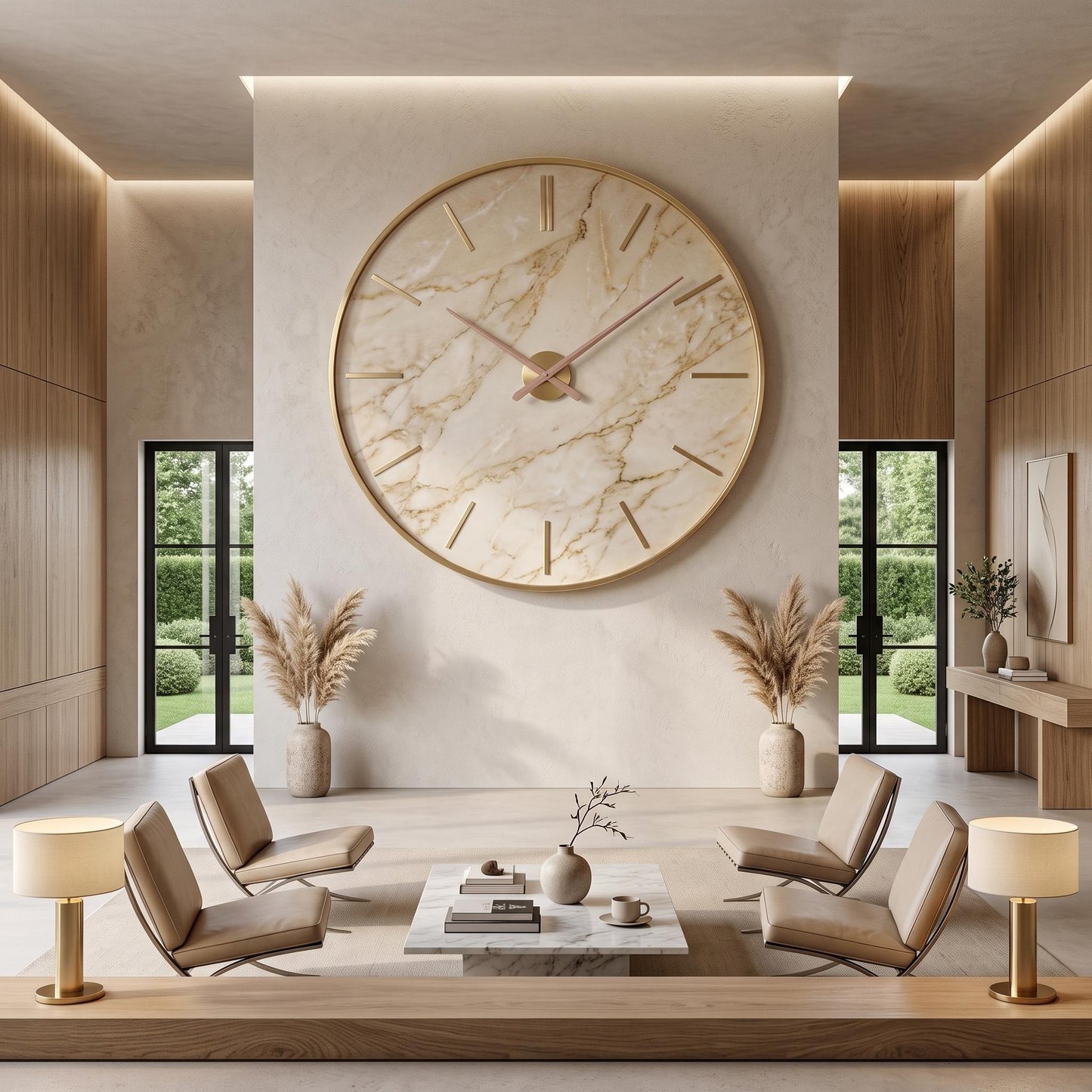 Oversized Beige Marble Wall Clock | Gold Frame Minimalist Living Room Art