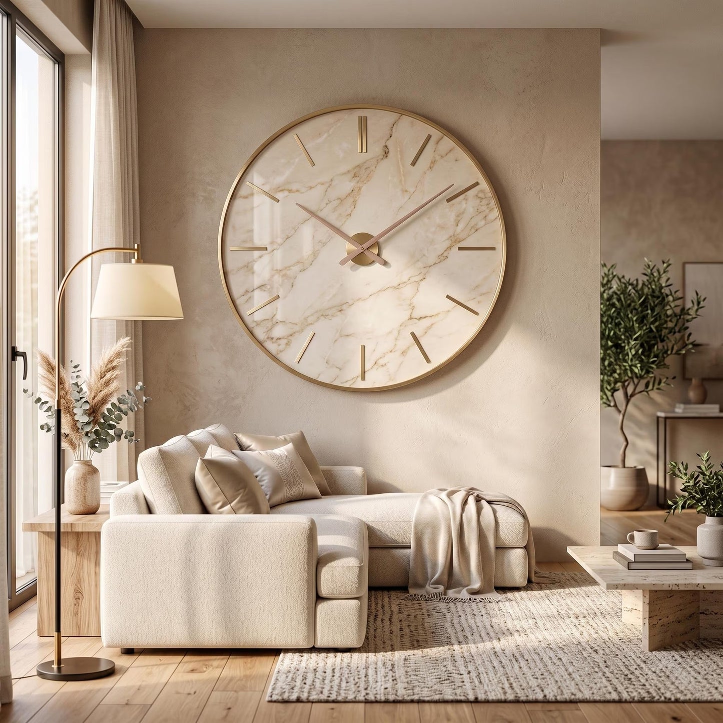 Oversized Beige Marble Wall Clock | Gold Frame Minimalist Living Room Art