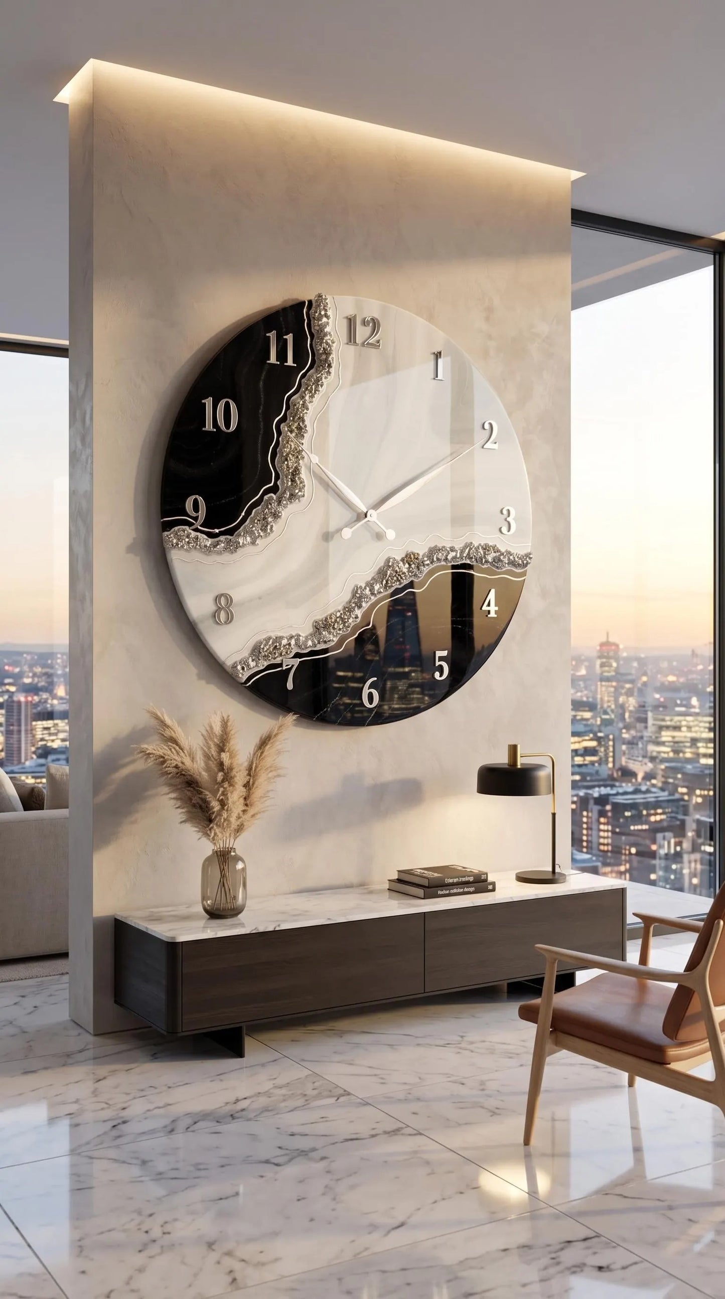 Luxury Black & White Geode Resin Wall Clock for Modern Decor